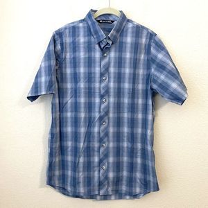 Travis Mathew Shirt Mens Size Medium Plaid Blue Button Front Short Sleeve